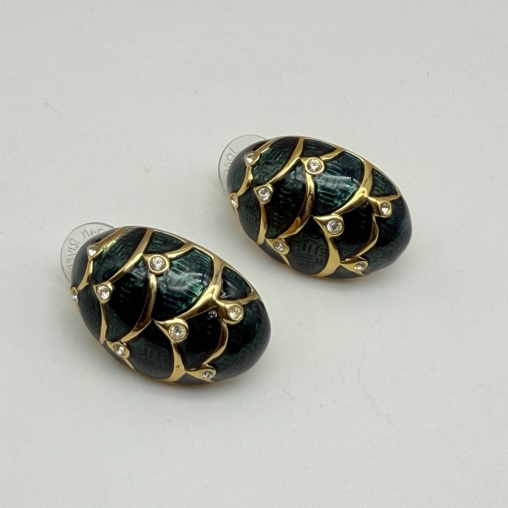 Vintage Joan Rivers Dark Blue Enamel & Rhinestone Egg Shaped Pierced Earrings